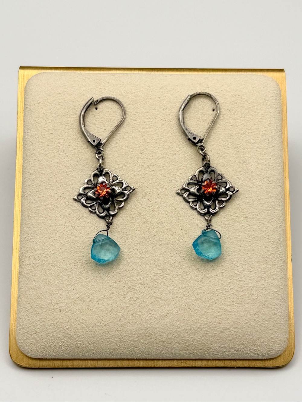 Vintage Style Filigree Drop Earrings with Red Crystals & Aqua Blue Dangles - Picture 1 of 7